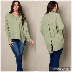 New Linen Long Sleeve Button Down Top Tunic Olive Green Lace Up High Low Blouse